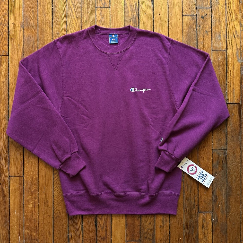NWT Vtg 90s 1991 Champion Crew Neck Sweatshirt Men Large Purple Embroidered Prep